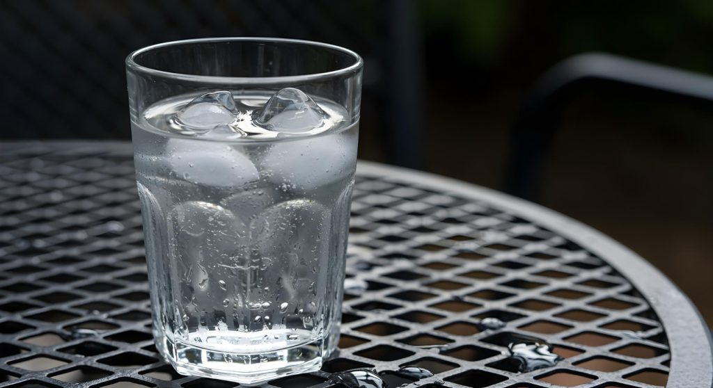 Glass of refreshing water with ice cubes on a table